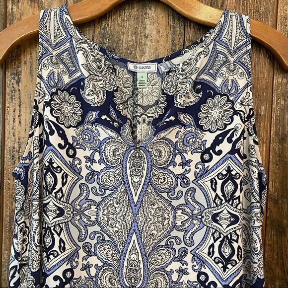Susina Sz S Blue Paisley Sleeveless Casual Tank Summer Flowy Relaxed Dress - Picture 4 of 7